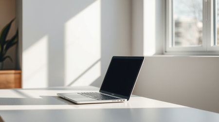 Laptop with blank screen on white table in office. Mock upの写真素材