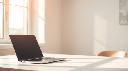 Laptop with blank screen on table in office, 3d renderの写真素材