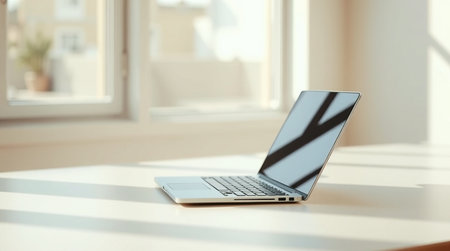 Laptop on a white table in the office. 3d renderの写真素材