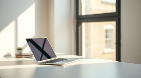 Laptop with blank screen on table in office, 3d renderの写真素材