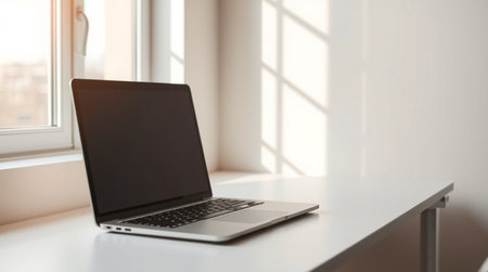 Laptop on a white table in front of a window with sunlightの写真素材