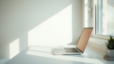 Laptop with blank screen on white table in sunlight. 3D Renderingの写真素材
