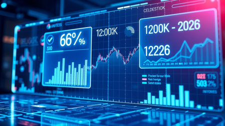 Futuristic glowing business charts and graphs on virtual screen. 3D rendering
