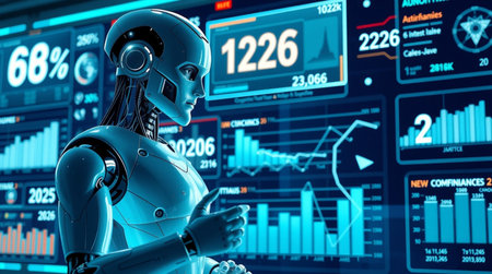 3d rendering humanoid robot working on virtual screen with stock market chart