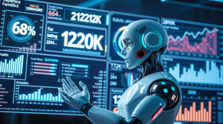 Robot humanoid in front of computer monitor with stock market data. 3D rendering.