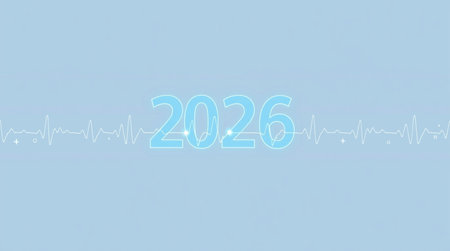 Illustration of a medical background with a pulse line and the number 2026