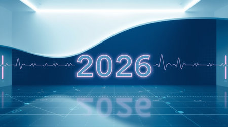 Illustration of a medical background with a pulse line and the number 2026