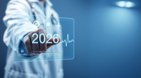 Doctor touching a new year on a touch screen interface with his finger