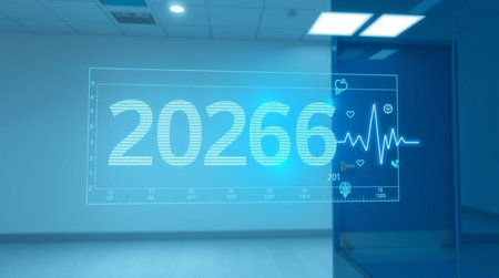 Futuristic interface with numbers 2026 in blue room. 3D rendering