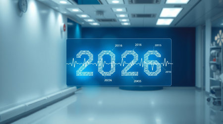 Futuristic interface with numbers 2026 on the screen. 3d rendering