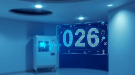 3D rendering of a medical operating room with a clock showing the time