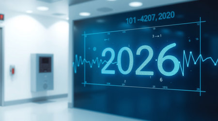 Futuristic interface with numbers 2026. New year concept. 3D Rendering