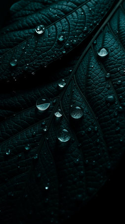 Water droplets on green leaf macro close up. Natural background.