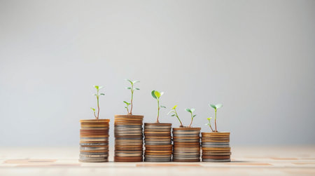 Coins stacked on each other in different positions. Concept of growing your business.の写真素材