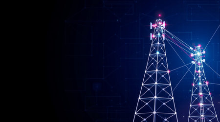 Transmission tower with glowing lights on dark background. 3D renderingの写真素材