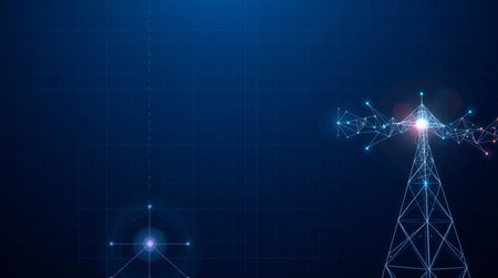 High-voltage tower. High-voltage power line. Internet of things. Blue background.