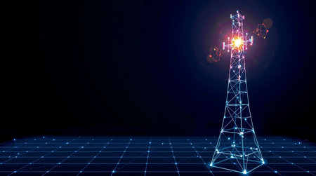 3d rendering of a communication tower with lights in the background.