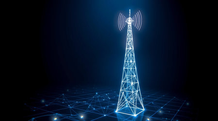 Wireless communication tower on a dark blue background. 3D rendering