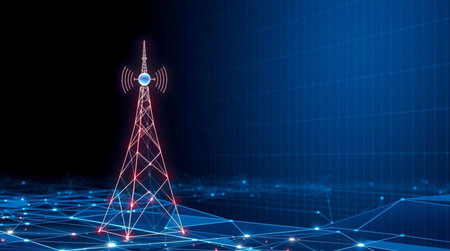 3d rendering of telecommunication tower with wireframe and blue background