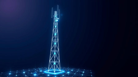 Telecommunication tower on blue background. Technology and communication concept. 3D illustration