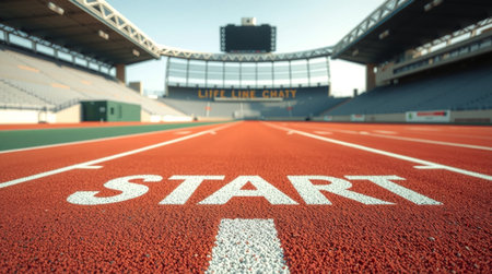 Running track with start sign in the stadium. 3D Renderingの写真素材