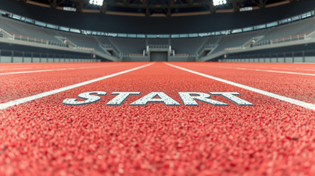 3D render of a running track in a stadium with the word startの写真素材