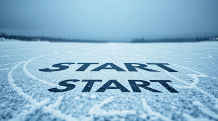Start Start written on a snow covered field. 3D illustration.