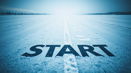 Conceptual image with the word Start written on a roadの写真素材