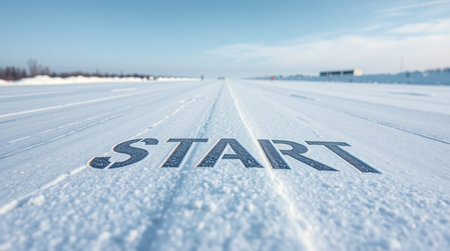 START written on a snow covered road in winter with blue sky.の写真素材