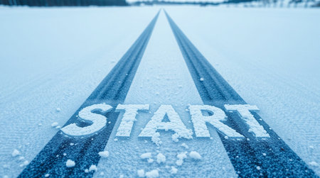 The inscription start on the background of a snowy road in winter.