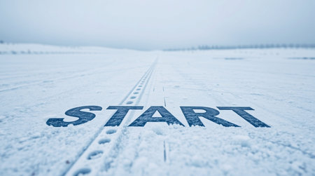 Start sign on a snowy road in winter. Blue toned.
