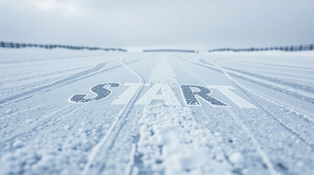 Close-up of a snow covered ski track on a winter day