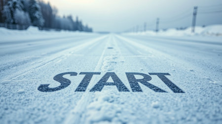 \Winter road with text \"\"Start\"\" on it\""の写真素材