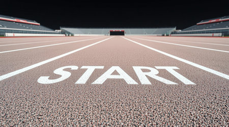 Start sign on the track at the stadium. 3D rendering.