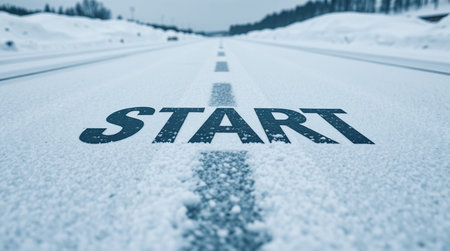 Winter road with the word start on it. Snow on the road.の写真素材
