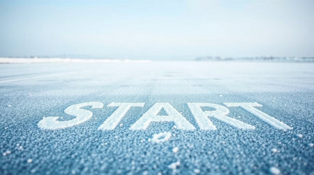Start written on frozen ice surface. Conceptual image with copy spaceの写真素材