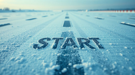 Start written on the ice on the runway in winter. 3d renderingの写真素材