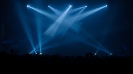 Stage lights and crowd of people at a concert, nightlife concept