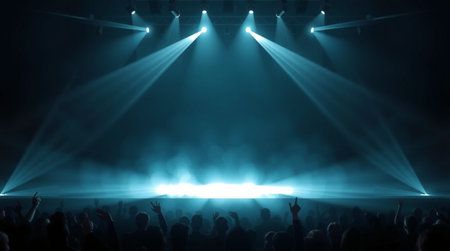 Concert crowd in front of a bright stage with lights and smoke
