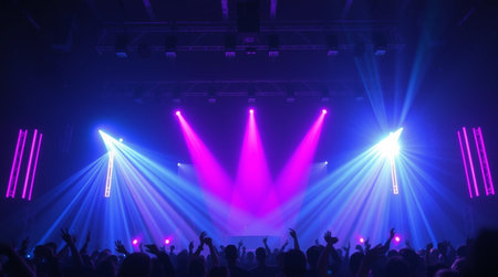 Concert crowd in front of a bright stage with lights and smoke
