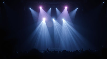 Stage lights and crowd of people in front of a bright stage with smoke