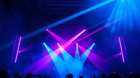 stage lighting effect in the dark, close-up view of the stageの写真素材