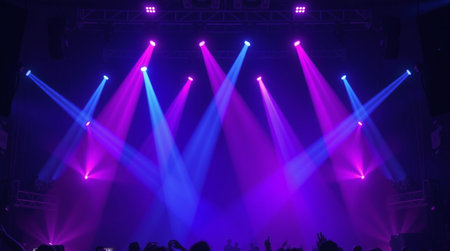 stage lighting effect in the dark with rays of light and smoke.