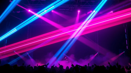 Colorful Laser rays on a concert stage. Concert crowd in front of the stage.