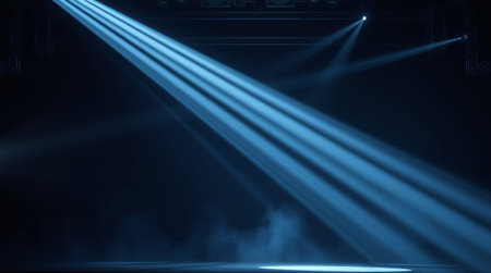 Blue stage lights with smoke and spotlights. 3d render illustration