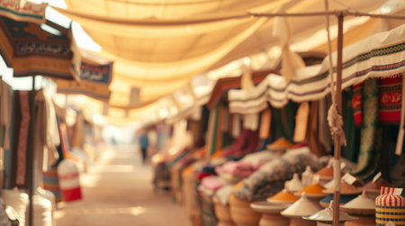 Blurred background of outdoor flea market. Abstract blurred background with bokeh effect.