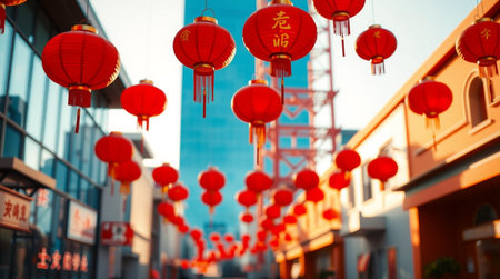 Red paper lanterns in the street of Hong Kong, China.