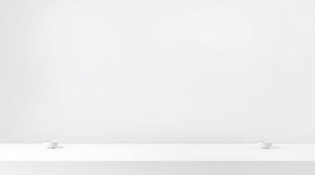 Empty white shelf on white wall background. 3D rendering illustration.の写真素材