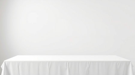 Empty white table with white cloth on white background. 3d renderingの写真素材