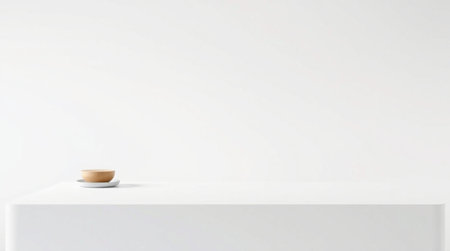 Empty wooden bowl on a white table against a white wall. 3d renderingの写真素材